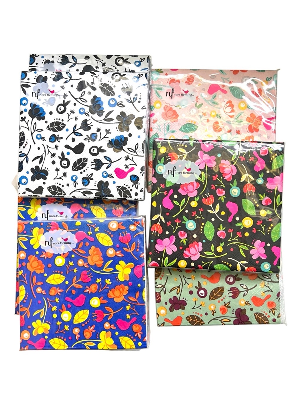 Nora Fleming Floral and Bird Pattern Cocktail Napkins Bundle of 7